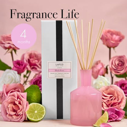LAFCO New York Classic Reed Diffuser, Blush Rose - 6 oz - Up to 3 Months Fragrance Life - Reusable Glass Vessel - Natural Wood Reeds - Made in the USA