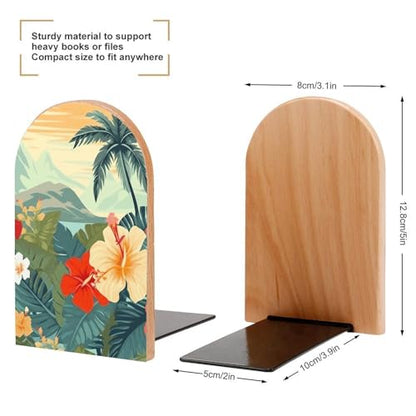 Summer Hawaiian Book Ends for Shelves - 2 Pack Handmade Wooden Bookends with Metal Base, Sturdy Book Holder for Heavy Books Modern Decorative Book Stopper for Home Office