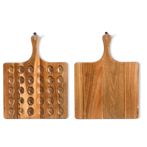 Okllen 30 Holes Reversible Wooden Deviled Egg Platter with Handle, Acacia Wood Deviled Egg Tray Charcuterie Board, Deviled Egg Holder, 17"x13"