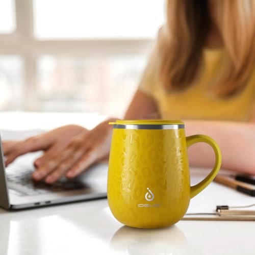 Ideus 16 oz Insulated Coffee Mug with Handle and Lid, Double Wall Stainless Steel Vacuum Thermal Coffee Mug, Travel Coffee Cup Thermal Cup for Home and Office (Leopard Yellow, FUJI DAWN) - color: Leopard Yellow