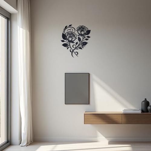zepongLN Metal Rose Heart Wall Decor, Black, 12x10 Inches | Floral Wall Sculpture, Elegant Metal Flower Design, For Living Room, Bedroom, Dining Room