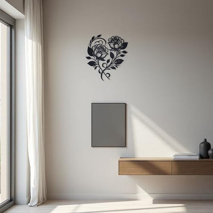 zepongLN Metal Rose Heart Wall Decor, Black, 12x10 Inches | Floral Wall Sculpture, Elegant Metal Flower Design, For Living Room, Bedroom, Dining Room