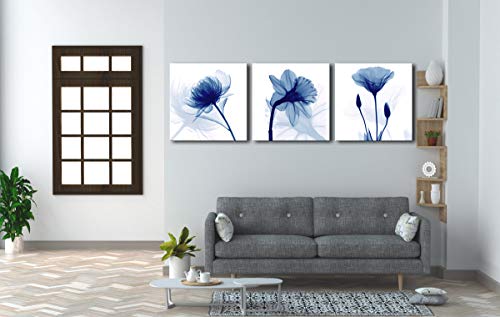 Wieco Art Blue Flowers 3 Panels Canvas Print Wall Art Modern Pictures Artwork for Living Room Bedroom and Home Decorations - size: 24x24inchx3pcs (Unframed)