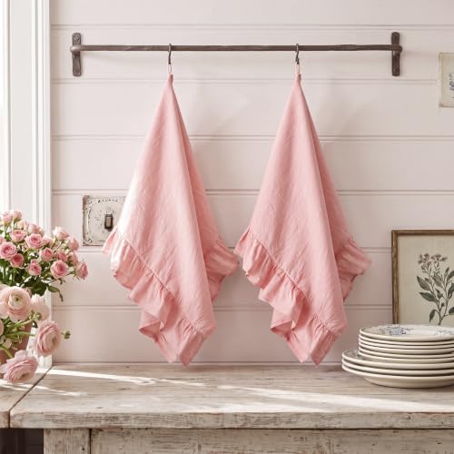 HunnmingRe Light Pink Kitchen Towels Set of 2, 100% Cotton Retro Ruffled Dish Towels 18"x28" Absorbent Tea Cloths for Farmhouse Charm, Drying Dishes, Entertaining Guests - color: Light Pink, style: Retro