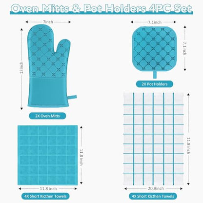 Oven Mitts Kitchen Towels Dishcloths with Pot Holders Sets 12PCS, Dish Towels Sets, Oven Gloves Pot Pads Heat Resistant 500 Degrees with Non-Slip Silicone Surface for Cooking Baking Grilling (Blue) - color: Blue