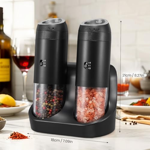 Rechargeable Gravity Electric Salt Grinder Set,Black | w/ Variable Grinding Speed, External Adjustable Coarseness, External Adjustable Coarseness, Charging Base and White LED Light - color: Black with Charging Base