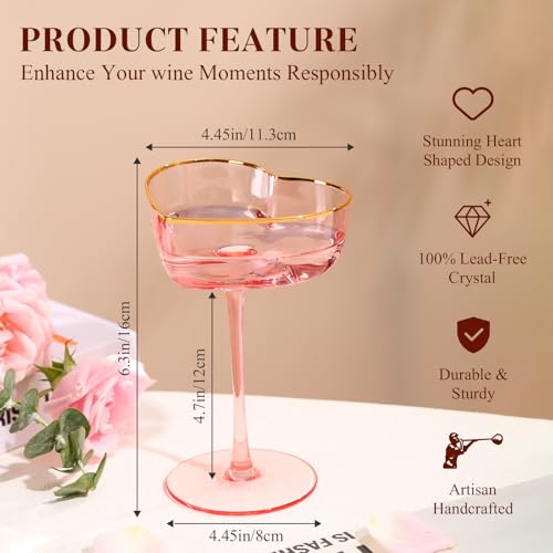 Pink Coupe Glasses Set of 2, Heart-Shaped Martini Glasses with Golden Rim, Fancy Manhattan, Cosmopolitan, Sidecar Cocktail Glassware for Wedding, Mothers Day, Birthdays, Anniversary- 8oz - size: 2 Count(Pack of 1)