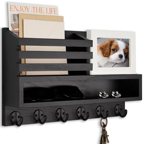 Key and Mail Holder Wall Mount, Key Holder with Long Storage Box | Key Hanger with Mail Slot, 6 Key Hooks for Coat, Dog Leash, Home Decor Rack, House Accessories, Entry Way Organizer - color: Black, size: Large - 13.8 Inch