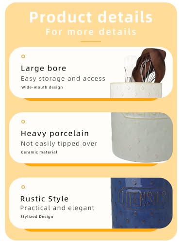 GDCZ Ceramic Utensil Holder 7 Inch, Utensil Crock for Countertop (Blue) | Large 7" Capacity, Sturdy Countertop Tool Organizer, Durable Ceramic, Embossed Utensils - color: Blue
