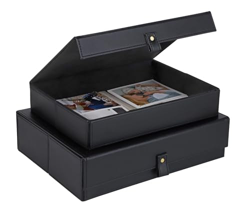 HofferRuffer Photo Storage Boxes with Dust-Proof Lid, Set of 2 Faux Leather Lidded Storage Bins, Photo, Jewelry, Scrapbooking Supplies, Keepsake Organizer for Elegant Home & Office Decor (Black) - color: Black
