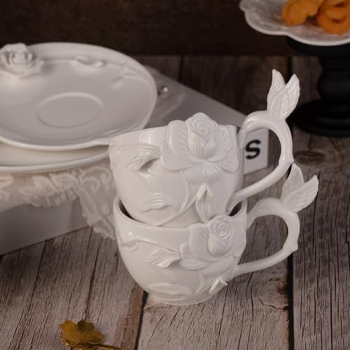 KAMMAK Tea Cups and Saucers Set of 2, 8.5 oz Porcelain Coffee Cups, 566N | Stackable Espresso Mugs, Ceramic Demitasse for Coffee, Cappuccino, Latte, Americano, Tea - size: 7KPSP566N