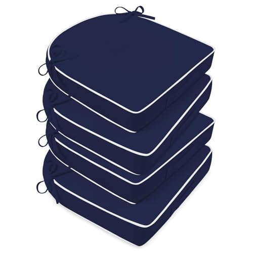 Basic Beyond Outdoor Cushions for Patio Furniture: Waterproof & UV Resistant Outdoor Chair Cushions Set of 4-19 x 19 x 3 Inch Thick Patio Chair Cushions with Ties & Handle, Navy Blue/White - color: Navy/White