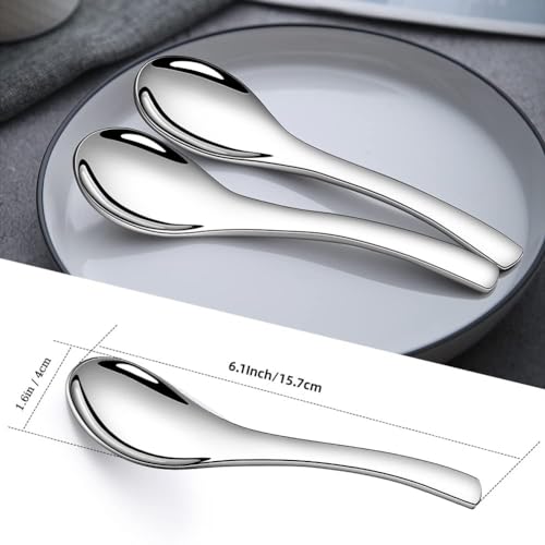 Stainless Steel Soup Spoons - 6 Inch Heavy Duty Asian Soup Spoon for Ramen, Rice, Tea, and Milk, Set of 4 Short Handle Ramen Spoons, Dishwasher Safe, Silver Chinese Table Spoon