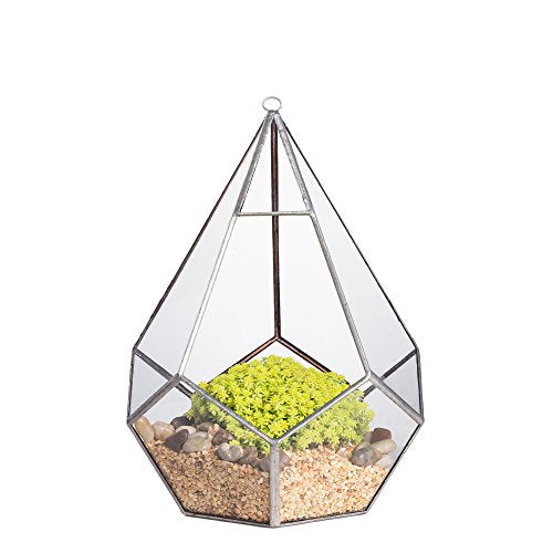 NCYP Silver Hanging Glass Geometric Terrarium, 6.8 x 6.8 x 8.6 Inches Teardrops Shape Display Planter for Succulent Air Plants, Indoor Decor Flower Holder, Handmade (NO Plants) - color: Silver