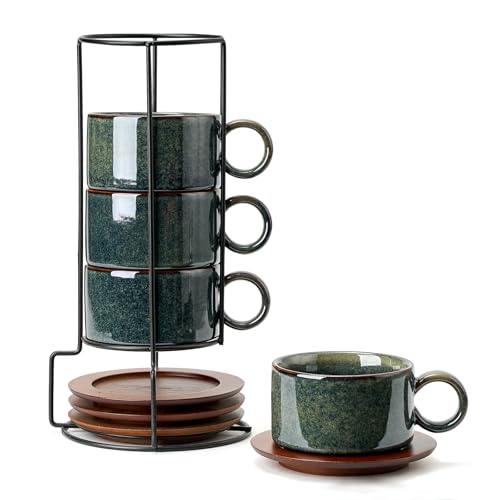 LUKA 6 Ounce Porcelain Stackable Espresso Cups with Saucers and Metal Stand Set of 4, Ceramic Cappuccino Cups Set for Specialty Coffee Drinks, Latte, Cafe Mocha and Tea, Kiln Tide Glaze - color: Kiln Tide Glaze