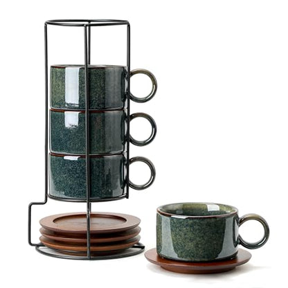 LUKA 6 Ounce Porcelain Stackable Espresso Cups with Saucers and Metal Stand Set of 4, Ceramic Cappuccino Cups Set for Specialty Coffee Drinks, Latte, Cafe Mocha and Tea, Kiln Tide Glaze - color: Kiln Tide Glaze