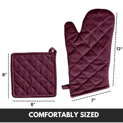 Oven Mitt (7"x13") & Pot Holder (8"x8") 100% Cotton Set of Heat Resistant Oven Gloves & Hot Pads for Gifts, BBQ, Cooking, Baking, Thanksgiving - Burgundy Wine - color: Burgundy Wine