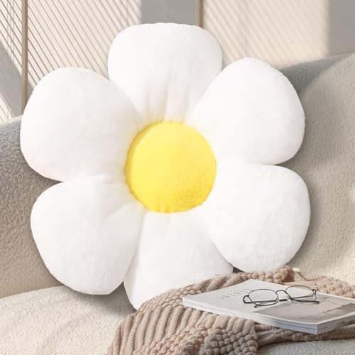 KUCCO White Flower Pillow, Daisy Shaped Decorative Throw Pillow, 17.7 Inch | Soft Plush Flower Shaped Pillow, Floral Seating Cushion, Cute Floor Pillow for Bedroom, Living Room Decor - color: White