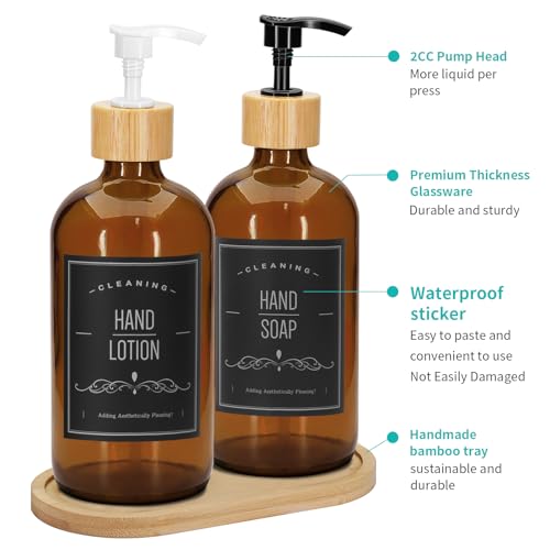 2 Pack 16 Oz Glass Soap Dispenser Set with Tray, Hand Dish Soap Dispenser Set for Bathroom and Kitchen Bottle Dispenser with Dish Soap, Hand Soap, Lotion (Amber) - color: Amber
