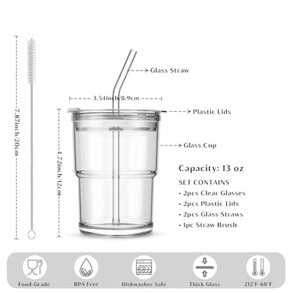 INSETLAN 13 oz Portable Glass Tumblers Set of 2, Thick Wall Glass Cups with Lid and Glass Straw, On-the-Go Coffee Cups for Iced Coffee, Tea, Milk, Hot & Cold Drinks, Travel & Daily Use - color: 13 oz - 2 Pcs