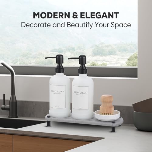Kitchen Soap Dispenser Set with Instant Dry Tray,16 Oz Hand and Dish Soap White Glass Dispenser Set,Stainless Steel Pump,Waterproof Labels,Dish Brush,Luxury Soap Bottle for Kitchen,Bathroom - color: White Bottle+black Pump