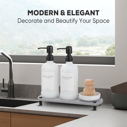 Kitchen Soap Dispenser Set with Instant Dry Tray,16 Oz Hand and Dish Soap White Glass Dispenser Set,Stainless Steel Pump,Waterproof Labels,Dish Brush,Luxury Soap Bottle for Kitchen,Bathroom - color: White Bottle+black Pump