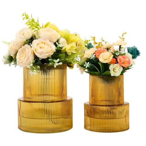 Ribbed Glass Vases for Bouquet, Set of 2 Amber Vases for Flowers, Amber Glass Vase for Tulips, Modern Vase for Living Room, Office, Coffe Table, Dining Table, Shelf, Wedding - color: Amber, size: Large+Medium