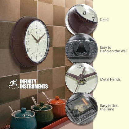 Infinity Instruments Retro Round Metal Wall Clock, Mahogany, 9.5" - color: Mahogany, size: 9.5 Inch