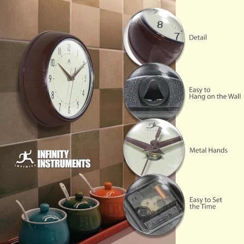 Infinity Instruments Retro Round Metal Wall Clock, Mahogany, 9.5" - color: Mahogany, size: 9.5 Inch