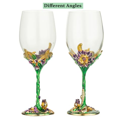 Comeon Flower Wine Glasses Hand Painted Wine Glasses Green 2 Set | Green Enamels Floral Design, Included Gift Box, Transparent Glass, Long Stem Crystal Red Wine Glasses - color: Green/ 2 set (gift box)