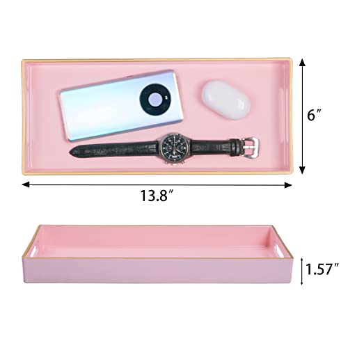 Pink Bathroom Tray, Rectangular Toilet Tank Trays with Handles | Narrow Countertop Trays, Long Toilet Tank Trays, Perfume Organizer Trays for Dresser, Kitchen Counter, 13.8" x 6" x 1.57" - color: Pink