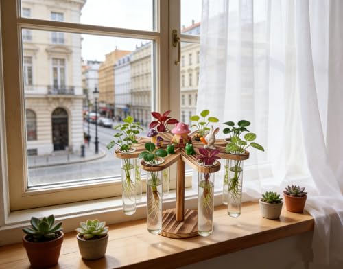 Plant Terrarium Propagation Stations, Clear Glass Flower Vases, Wooden Stand Retro, Hydroponics for Home Office Decoration, Dining Table Centerpiece - 8 Glass Tubes Vases
