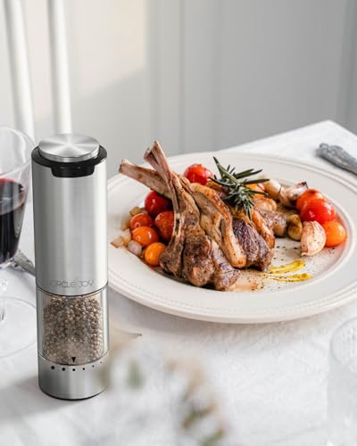 CIRCLE JOY Rechargeable Electric Salt and Pepper Grinder Set with Base, Stainless Steel Pepper Mills with 95ml Container, White LED Light and External Adjustable Coarseness, Silver - color: Rechargeable Set with Base