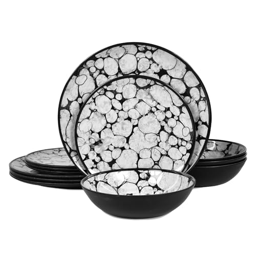 Melamine Dinnerware Set 12pc, Black and White Plates and Bowls Sets | Rustic Farmhouse, Service for 4, Unbreakable & Lightweight & Stackable, Round Dishes for RV, Camping, Picnic, Outdoor or In - color: Grey Bubbles