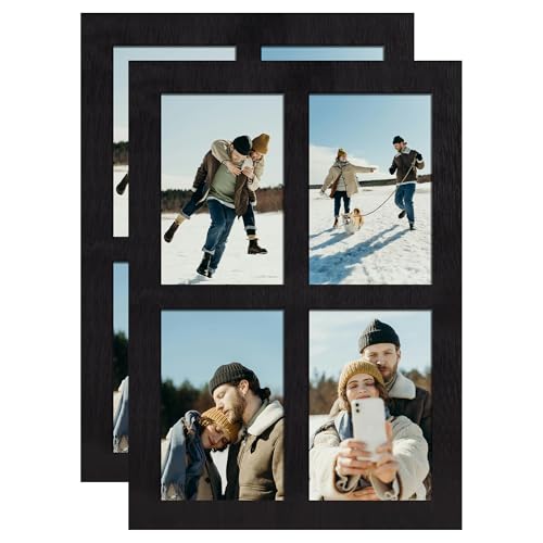 YESKAY 4x6 Picture Frame Collage Set of 2,4 Picture Frames 4 x 6 Wood Frame with Real Glass,Display 4 by 6 Family Photos for Wall Decor,Rustic Black - color: Rustic Black, size: 4x6-4 Opening(OD:9x13in)