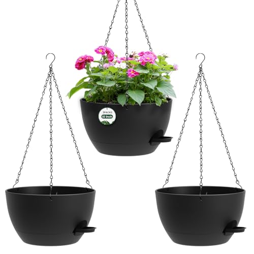 3 Pack 10 Hanging Flower Pots with Chains Self Watering Plastic Planters for Indoor Outdoor Plants, Sturdy Triangular Iron Chain Design for Garden PorchPlastic Hanging Flower pots (3, Black) - color: Black