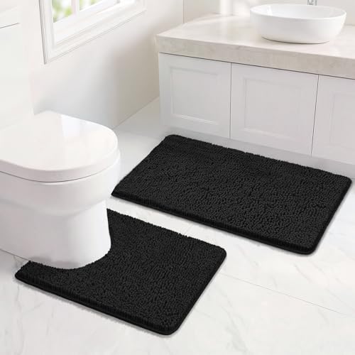 Bcoimo U Shaped Bath Rug Mat Set,2 Piece Chenille Black Toilet Bathroom Rug | Extra Soft Bathroom mat set;Non Slip with Rubber Back Bath Mats;High Absorbent And Quick Dry Microfiber mat; Machine Washable - color: Black, size: U24×20 Plus 30×20