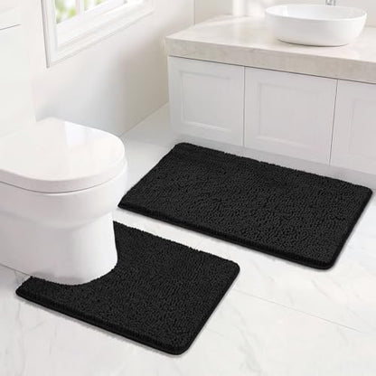 Bcoimo U Shaped Bath Rug Mat Set,2 Piece Chenille Black Toilet Bathroom Rug | Extra Soft Bathroom mat set;Non Slip with Rubber Back Bath Mats;High Absorbent And Quick Dry Microfiber mat; Machine Washable - color: Black, size: U24×20 Plus 30×20