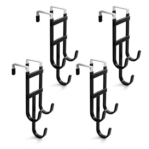 BAKON Over the Door Hanger, 4 Pack Black Triple Hooks Fits Doors 1.6" | Scratch-Resistant Rubber Coated, Hanging Ladders, Ironing Boards, for Bathroom Bedroom Garage Laundry, Dorm Room Essentials - color: Black, 4 Pack