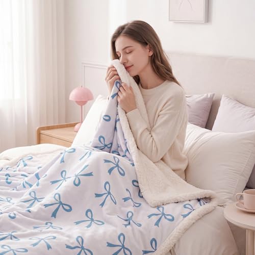 Tegeme Blue Bow Throw Blanket Sherpa Fleece Preppy Coquette Flannel Bow Blanket for Teen Girls Room Back to School Gift White Plush 50" x 60" Aesthetic Soft Bedding for College Dorm Bed Sofa Couch - color: Blue