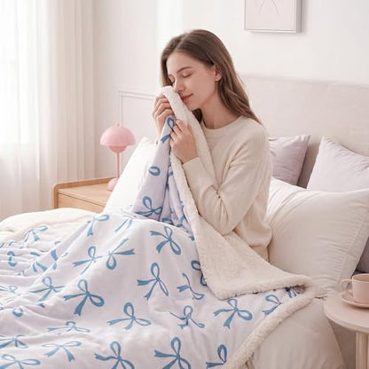 Tegeme Blue Bow Throw Blanket Sherpa Fleece Preppy Coquette Flannel Bow Blanket for Teen Girls Room Back to School Gift White Plush 50" x 60" Aesthetic Soft Bedding for College Dorm Bed Sofa Couch - color: Blue