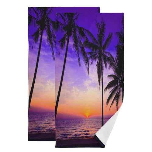 2 Pack Purple Blue Sunset Beach Theme Hand Towels for Bathroom,Soft Absorbent Tropical Palm Tree Leave Ocean Coastal Decorative Guest Bathroom Towels,Quick Dry Dish Kitchen Towels 14"x28" - color: Blue Purple