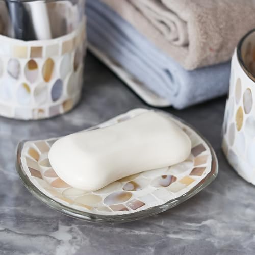WDHODEC Mosaic Bathroom Accessory Set 5PCS with Natural Shell & Glass Soap Dispenser Cotton Jar Soap Dish Vanity Tray Tumbler for Hotels, Modern Bathroom Counter and Sink Decoration White