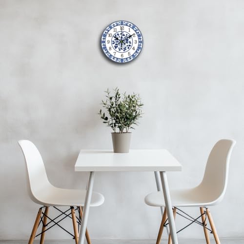 CHGCRAFT 12inch Blue and White Porcelain Pattern Wall Clock Battery Operated Silent Non Ticking Flowers Round Decorative Clock for Office Home Kitchen Decor