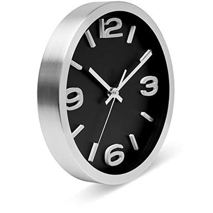 Bernhard Products Modern Wall Clock 10 Inch Black & Silver Silent Non Ticking Battery Operated Metal Round Elegant Quality Quartz, Kitchen Home Office Clock with 3D Numbers, Easy to Read - color: Silver & Jet Black