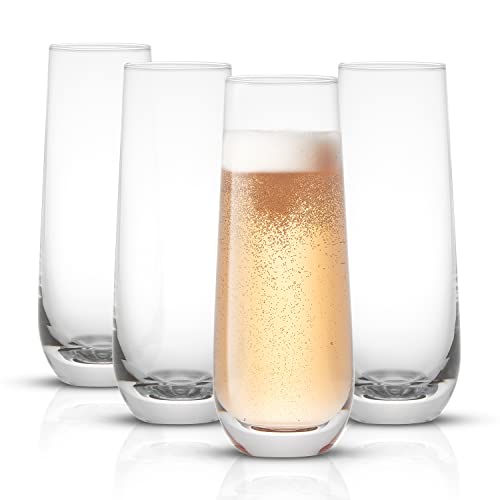 JoyJolt Milo Stemless Champagne Flutes Set of 4 Crystal Glasses. 9.4oz Champagne Glasses. Prosecco Wine Flute, Mimosa Glasses Set, Cocktail Glass Set, Water Glasses, Highball Glass, Bar Glassware - style: Clear