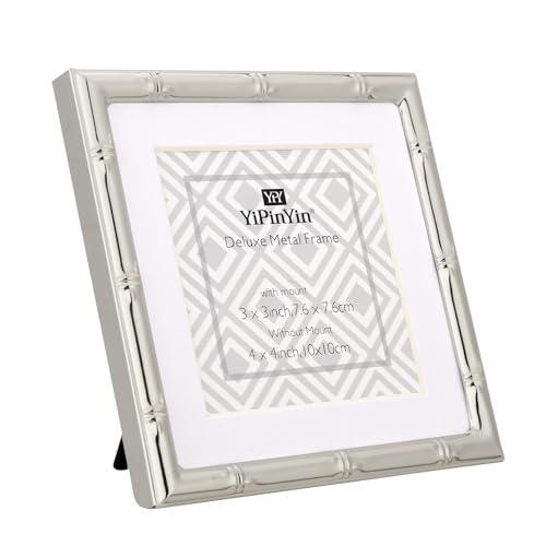 YiPinYin 4x4'' Silver Bamboo Metal Picture Frame with 3x3'' Mat Set of 2, 3x3'' Narrow Elegant Silver Plated Metal Picture Frame with Soft Touch Velvet Mat for Desktop - color: Silver, size: 4x4 Mat 3x3 2PK