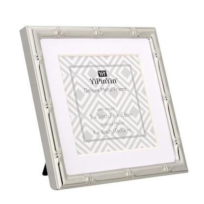 YiPinYin 4x4'' Silver Bamboo Metal Picture Frame with 3x3'' Mat Set of 2, 3x3'' Narrow Elegant Silver Plated Metal Picture Frame with Soft Touch Velvet Mat for Desktop - color: Silver, size: 4x4 Mat 3x3 2PK