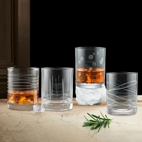 Joeyan Hand Blown Etched Whiskey Glasses,Old Fashioned Tumblers with Stripes Dots Pattern,Clear Carved Rocks Glasses,Scotch Bourbon Glassware for Party Anniversary,13.5 oz,Set of 4,Dishwasher Safe - color: Etched Dots Swirls Strips Patterned Whiskey Glass