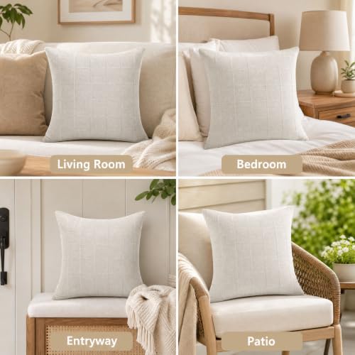 Linen Burlap Textured Pillow Covers 18x18 Inch Beige Set of 2 | Plaid Pillow Covers with Hidden Zipper,Soft Farmhouse Cushion Covers for Couch Sofa Living Room Bedroom,Machine Washable - color: Beige, size: 18" x 18" (Pack of 2)